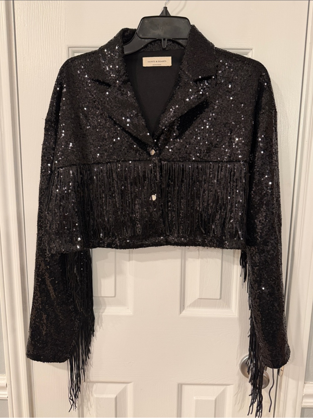 Saints + Hearts Black Sequin Fringe Cropped Jacket NWOT